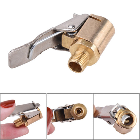 Auto Wheel Inflator Valve, Brass Copper Nozzle Tire Drill Inflator Pump Valve Hands Free Air Chuck Clip Clamp Connector Quick Adapter Car Accessories