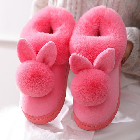 Women Memory Foam Slipper Rabbit Ear Double Fur Ball Indoor Cotton Slippers for Girls