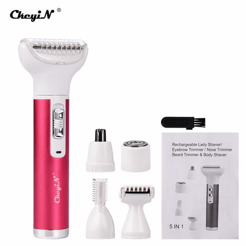 Women's Hair Removal 5 In 1 Electric Epilator Hair Shaver Lady's Electric Trimmer Remover for Legs Bikini Facial Nose Ears Eyebrows Body Razor Cordless USB Rechargeable Painless Shave